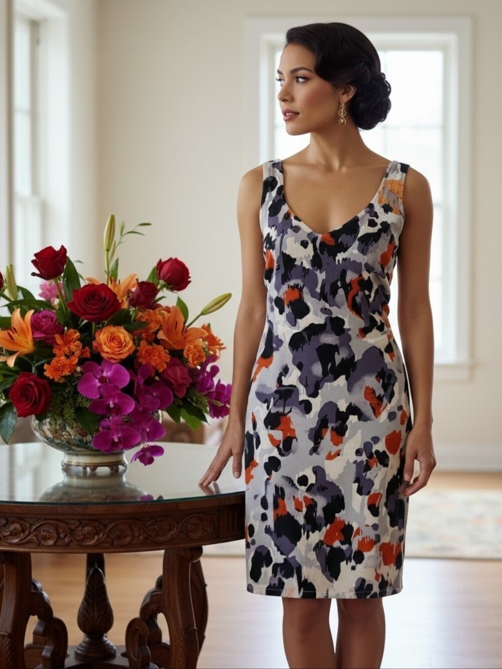 CAbi Abstract Artful & Elegant Velvet‑Accented Sleeveless Dress – Size Small